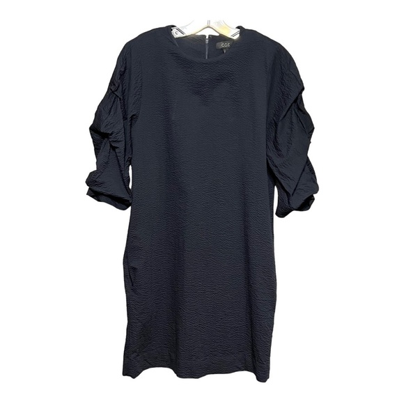 COS Tricot Crepe Puff Sleeve Pocket Shift Dress Navy Textured Knee Length Small - Picture 3 of 8